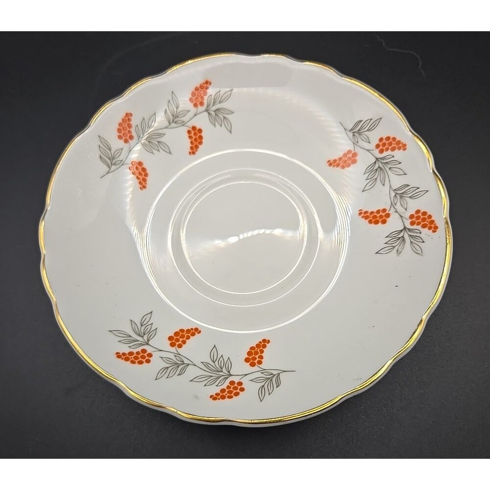 Crown StaffordshIre Bone China Orange Berries Gray Vines Gold Trim Saucer